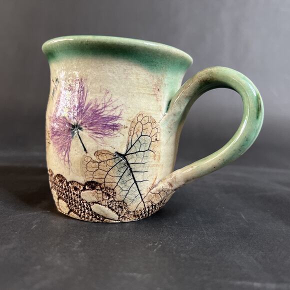 Handmade Stoneware Mug Leaf Motif Dragonfly Thistle Stained Artisan Pottery - Picture 6 of 11